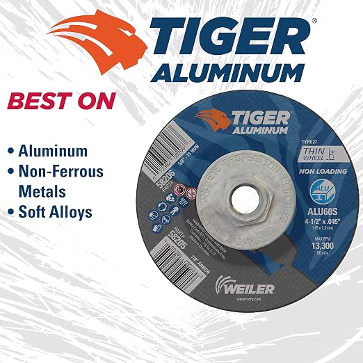 Weiler 58206 4-1/2 Inch Cutting Wheel, Tiger Aluminum Non-loading Contaminant-free High Performance Cutting, .045" ALU60S Type 27 5/8"-11 Hub, Pack of 10