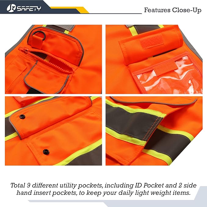 JKSafety 9 Pockets High Visibility Zipper Front Safety Vest | Orange with Dual Tone High Reflective Strips | Meets ANSI/ISEA Standards (901-Orange, Large)