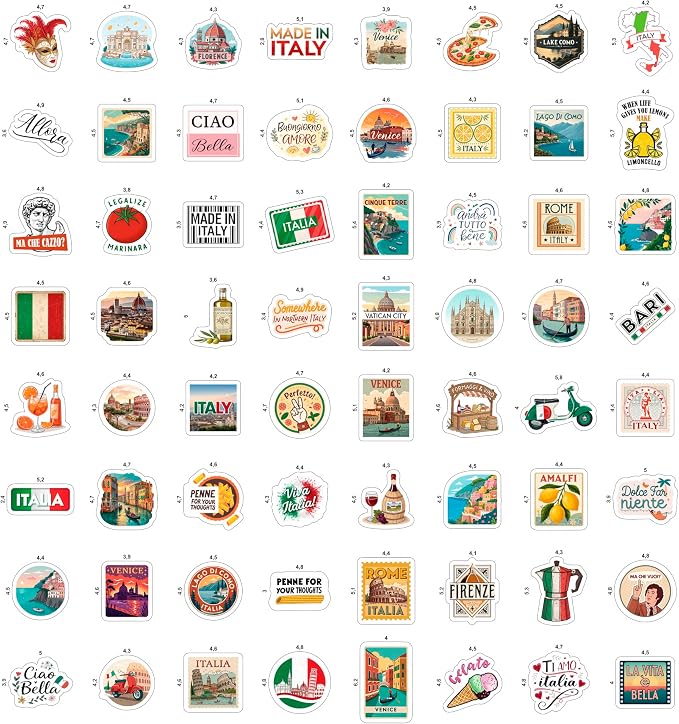 100Pcs Italy Stickers for Scrapbooking, for Luggage, for Water Bottle - Italian Stickers and Decals - Italy Party F avors - Gift for Women & Men