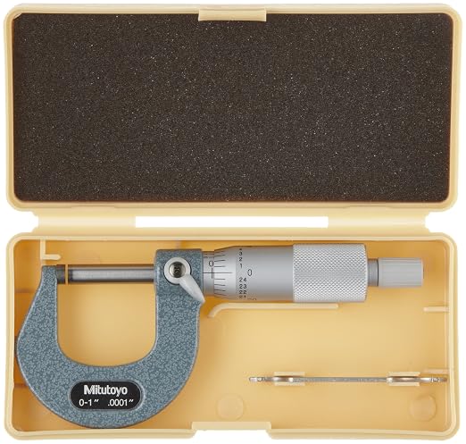 Mitutoyo 103-260 Outside Micrometer, 0-1" Range, 0.0001" Graduation, ±0.0001" Accuracy, Ratchet Stop for Repeatable Measurements, Carbide Measuring Faces, Satin Chrome Finish, Hammertone Enamel