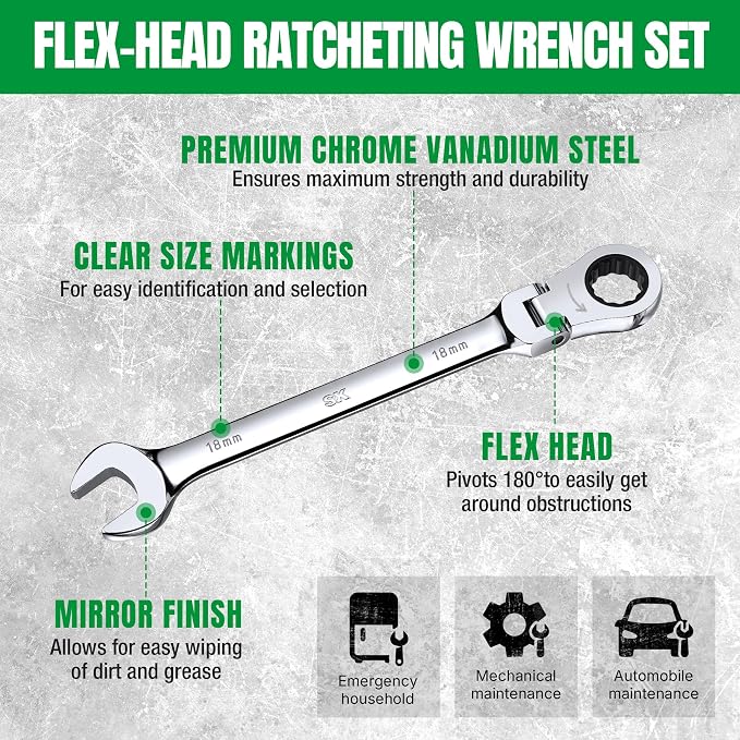 SK Flex Head Ratcheting Wrench Set, Metric 8 to 19mm, 12-Piece, 72-Tooth | Ratchet Wrenches Set, Combination Wrench Set, Chamfered Head Design, Premium CR-V Steel, Rack Organizer