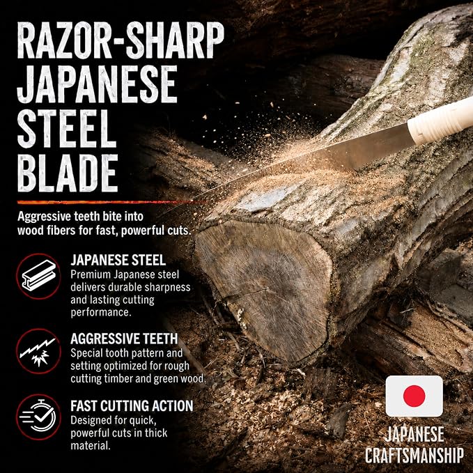 KAKURI Timber Framing Saw 14" - Japanese Anahiki Saw Large Handsaw for Rough Woodworking, Large Wood, Timbers, Beams, Trees, Logs, Thick Branches, and Limbs - Made in Japan