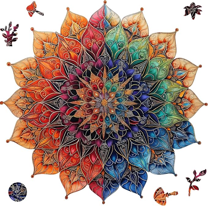 Mys Aurora Colorful Mandala Wooden Puzzles for Adults, 500 Piece Unique Shaped Wood Jigsaw Puzzles for Adults and Kids, Fun Challenging Puzzles Family Game Gift, 16.5'' x 16.4''