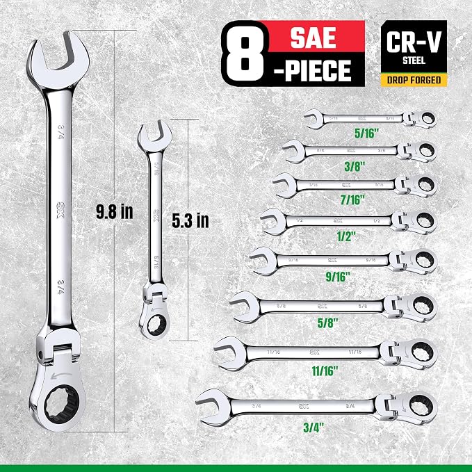 SK Flex Head Ratcheting Wrench Set, SAE 5/16" to 3/4", 8-Piece, 72-Tooth | Ratchet Wrenches Set, Combination Wrench Set, Chamfered Head Design, Premium CR-V Steel, Rack Organizer
