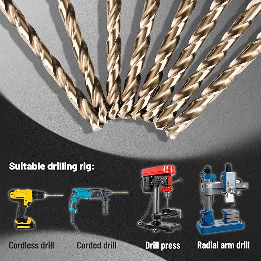 CaRoller 1/8 Inch Cobalt Drill Bit Sets,10 Pack 135 Degree Tip of M35 Length Twist Drill Bits with Storage Case for Hard Metal, Stainless Steel, Cast Iron, Wood and Plastic (1/8"-10pcs-M35)