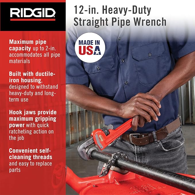 RIDGID 31015 Heavy-Duty Straight Pipe Wrench, 12" Sturdy Plumbing Wrench with Self Cleaning Threads and Hook Jaws, Red, Small