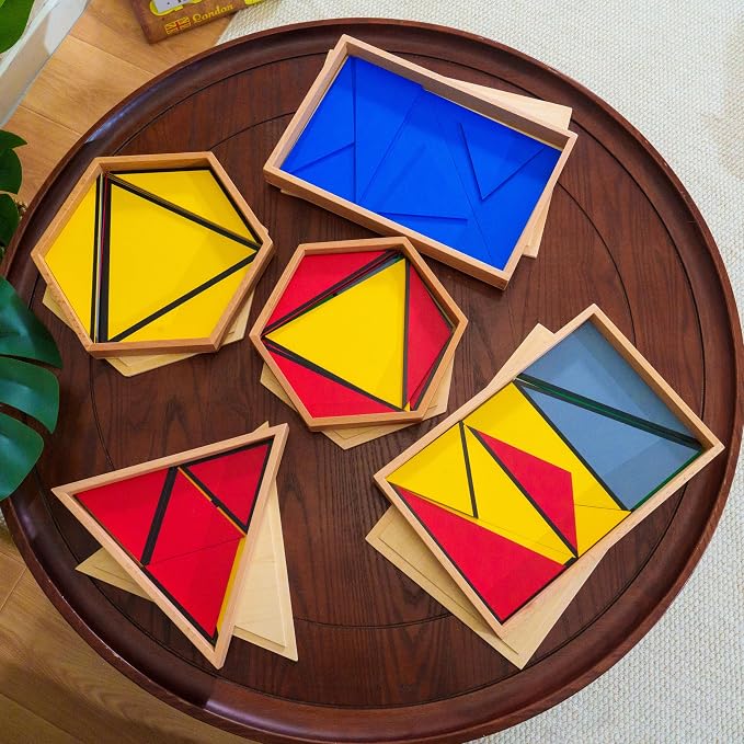 Premium Montessori Large Constructive Triangles, 5Box Set Sensorial Materials for Kids ,6.3lbs Beechwood Geometry Puzzles for Preschool Homeschool,Ages 4-7 Educational Toys, Geometry Learning Supplies