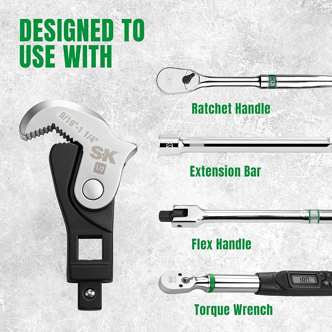 SK 3-Piece Adjustable Crows Foot Wrench Set, 1/4" & 3/8" & 1/2" Drive | Crowfoot Wrenches, Dual-Drive Ends Design, Spring Loaded Jaw with Serrated Teeth, 3/16" to 1-1/4", Premium CR-V Steel