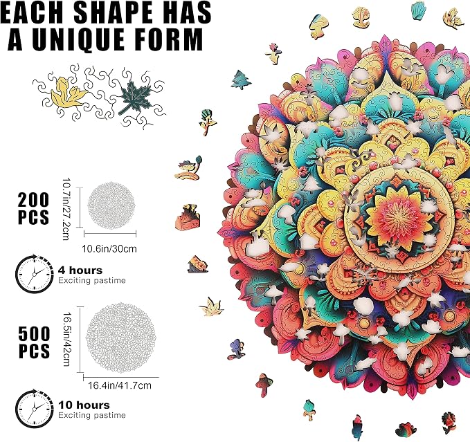Mys Aurora Unique Wooden Jigsaw Puzzles - Flower Mandala, 500 Pcs King Size 16.5'' x 16.4'', Luxurious Shaped Wood Puzzle, Beautiful Package, Best Gift for Adults and Kids, Family Game