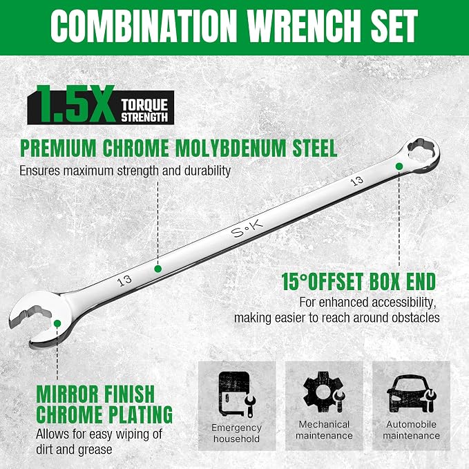 SK 6 Point Bolt Extractor Wrench Set, Metric 8-19mm, 12-Piece, Extra Long | Combination Wrench Set for Rounded and Stripped Bolts Removal, Mirror Krome Finish, Premium CR-MO Steel