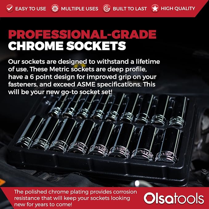 Olsa Tools 1/2-Inch Drive SAE Deep Socket Set - 18pc | 6-Point Chrome Vanadium Sockets, 10mm–27mm, No Skipped Sizes - Professional-Grade SAE Socket Sets - Part: 1325