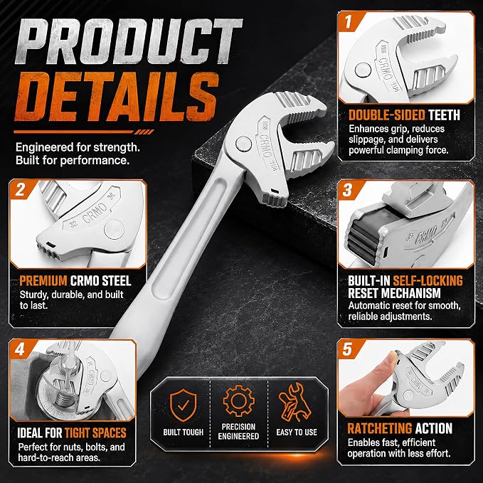 Self Adjusting Wrench Set, 4Pcs Self Locking Wrench with Automatic Continuous Gripping, Ratcheting Self Setting Spanner for 1/4"-3/4" Nuts, Bolts, Plumbing, Automotive Repair & Tight Work Spaces