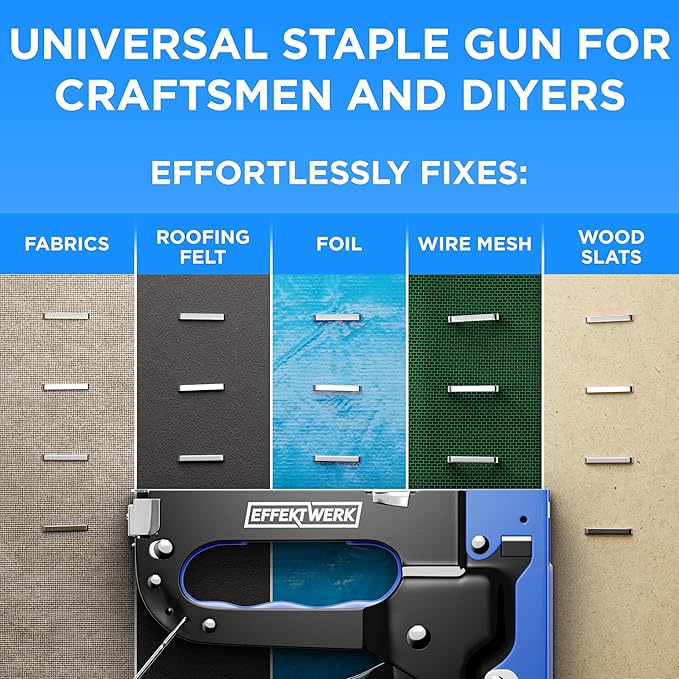 E•Werk - 5-in-1 Staple Gun Set - Heavy-Duty Stapler w/ 1500 Staples & Staple Remover for Wood, Fabric, Carpet & Wire Mesh - Hand Tacker w/Power Adjustment for Construction, Crafts & Upholstery Work