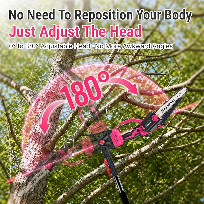 Pink 2-in-1 Cordless Pole Saw for Tree Trimming, 8-Inch Mini Chainsaw with Extension Pole, Battery Powered Tree Trimmer for Branches and Limbs, Adjustable Angle, Auto Oiler, 2× 4000mAh Batteries
