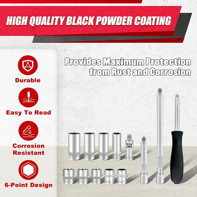 EACELIY 54pcs 1/4" Socket Set,Drive Impact Socket Set, SAE/Metric, Deep & Shallow with Universal Joint,Extension Bars,Hex Bit Holder, Spinner Handle,Ratchet,Cr-V Steel，6 Point，4-14mm，5/32-9/16 inch