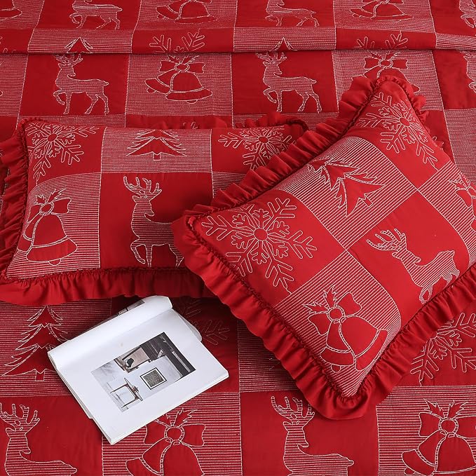 Cmfshape Christmas Embroidery Quilt Set,3 Pieces Queen Size Xmas Tree Reindeer Pattern Bedding Set,Reversible Christmas Bedspread Coverlet,Holiday Bedding(Red,92"x96")