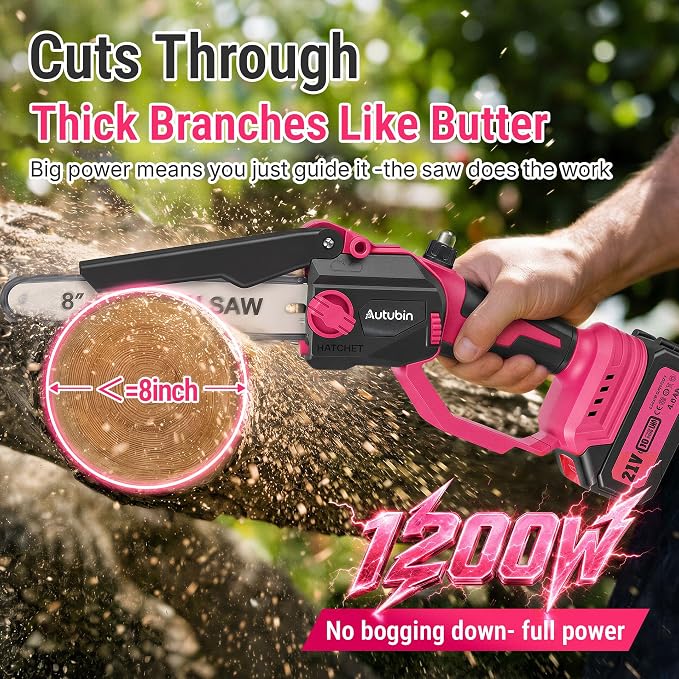 Pink 2-in-1 Cordless Pole Saw for Tree Trimming, 8-Inch Mini Chainsaw with Extension Pole, Battery Powered Tree Trimmer for Branches and Limbs, Adjustable Angle, Auto Oiler, 2× 4000mAh Batteries