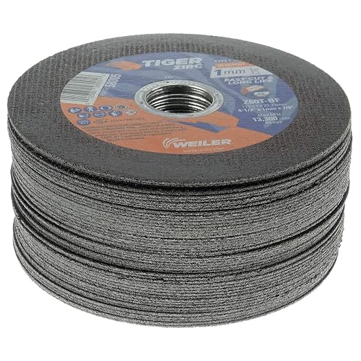 Weiler 58005 4-1/2 Inch Cutting Wheel, Tiger Zirc Steel/Metal Ultracut 1 mm Fast Cut & Long Life High Performance Thin Cutting, 1mm Z60T Type 1 7/8" Arbor, Pack of 50