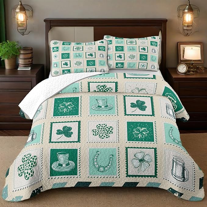 St. Patrick's Day Patchwork Quilt Set King Shamrock Postcard 3pcs Bedding Set with 2 Pillow Shams Soft Lightweight Coverlet Comforter Gift for Boys (Shamrock Postcard, King(90"x104")) | Breathable