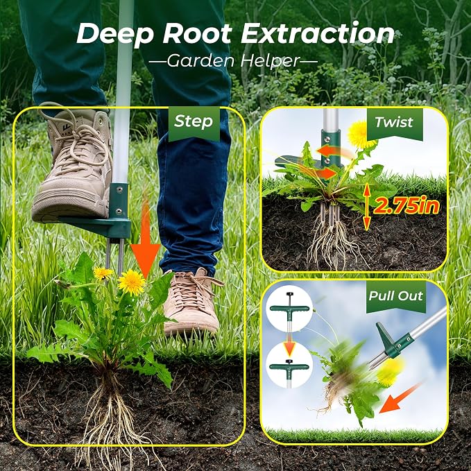 Walensee Weed Puller, Stand Up Weeder Hand Tool, Long Handle Garden Weeding Tool with 3 Claws, Hand Weed Hound Weed Puller for Dandelion, Standup Weed Root Pulling Tool and Picker, Grabber (1 Pack)
