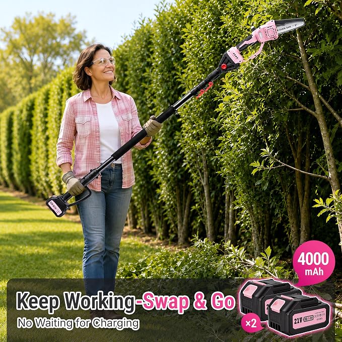Pink 2-in-1 Cordless Pole Saw for Tree Trimming, 6-Inch Mini Chainsaw with Extension Pole, Battery Powered Pruning Saw for Small Branches, 2 x 4000mAh Batteries, Brushless Motor, Auto Oiler