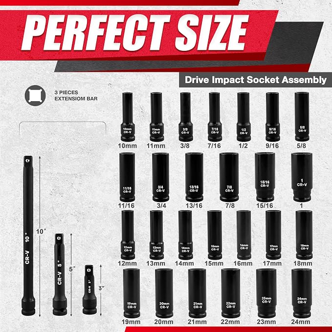 29pcs 1/2" Socket Set, Drive Deep Impact Socket Set, Including 3 ", 5", 10" Impact Extension Bar, Standard SAE (3/8 "- 1") and Metric (10mm-24mm), Cr-V Steel