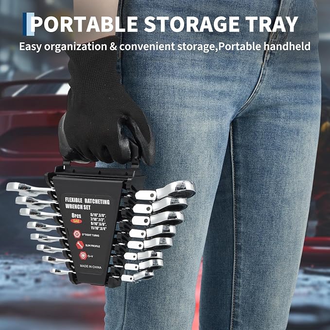 Garvee 8 Piece SAE Ratcheting Wrench Set Combination Ratcheting Wrench Set | 72-Tooth 5° Swing Arc 40Cr Steel, SAE 5/16" to 3/4" Coverage for Automotive Repair, Mechanical Maintenance & DIY Projects
