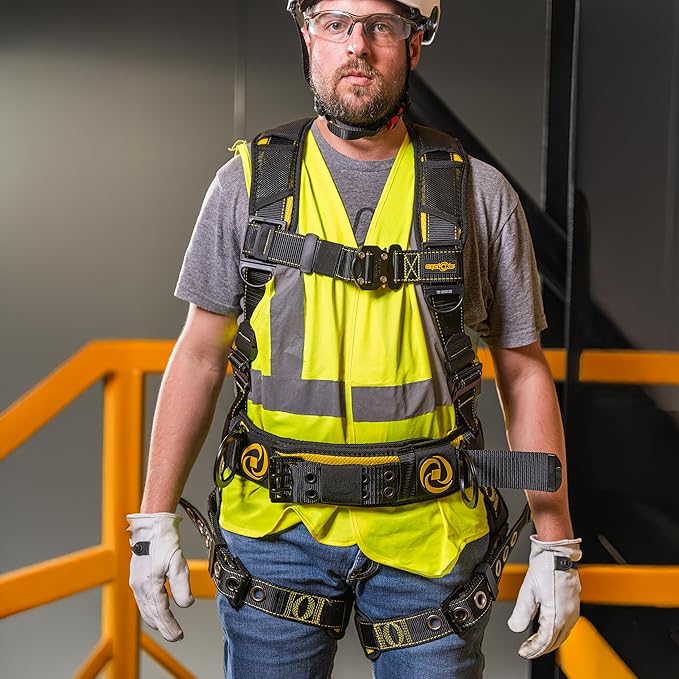 Guardian 21030 Cyclone Construction Harness with Waist Pad | Side D-Rings|OSHA & ANSI Compliant | Black/Yellow | M-L