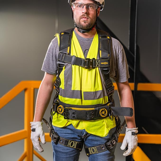 Guardian 21032 Cyclone Construction Harness with Waist Pad | Side D-Rings | OSHA & ANSI Compliant | Black/Yellow | XXL