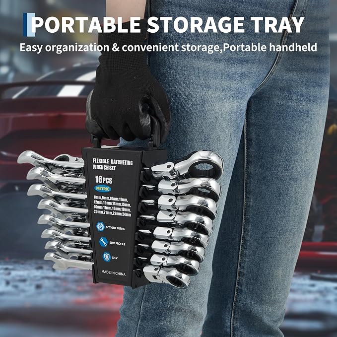 Garvee 16 Piece Metric Ratcheting Wrench Set Combination Ratcheting Wrench | 72-Tooth 5° Swing Arc CR-V Steel | Metric 8-24mm Complete Coverage for Automotive Repair, Mechanical Maintenance DIY Project
