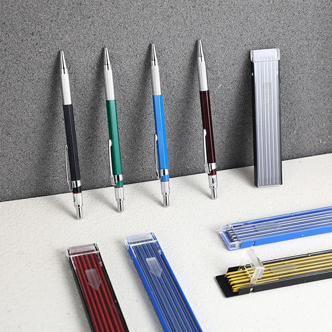 Nezyo 4 Pieces Welder Pencil with 60 Pieces Round Refills Mechanical Pencil Metal Marker Pen for Construction Workers, Metal Work, Welders, Plumbers, Framers (Black, Red, Yellow, Silver)