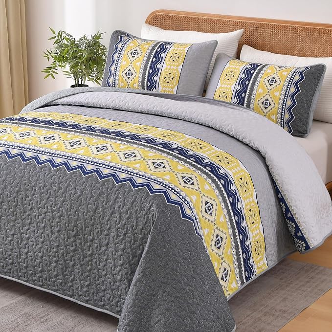 WONGS BEDDING 3 Pieces Quilt Set Queen Size, Grey Yellow Quilt Bedspread Lightweight Bohemian Coverlet Set with 2 Pillowcase, Soft Geometry Printed Bedding Set Queen for All Season 96"×90"