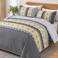 WONGS BEDDING 3 Pieces Quilt Set King Size, Grey Yellow Quilt Bedspread Lightweight Bohemian Coverlet Set with 2 Pillowcase, Soft Geometry Printed Bedding Set King for All Season 104"×90"