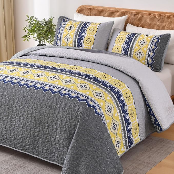 WONGS BEDDING 3 Pieces Quilt Set King Size, Grey Yellow Quilt Bedspread Lightweight Bohemian Coverlet Set with 2 Pillowcase, Soft Geometry Printed Bedding Set King for All Season 104"×90"