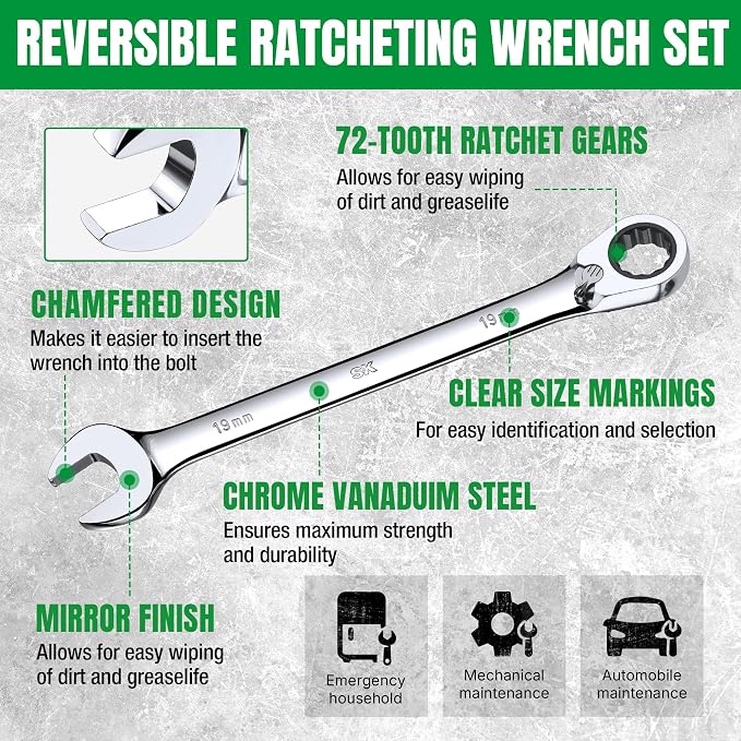 SK Reversible Ratcheting Wrench Set, Combination Wrenches, Metric 16-Piece | Ratchet Wrenches Set 72-Tooth, Chamfered Head Design, Premium CR-V Steel, Roll-Up Pouch