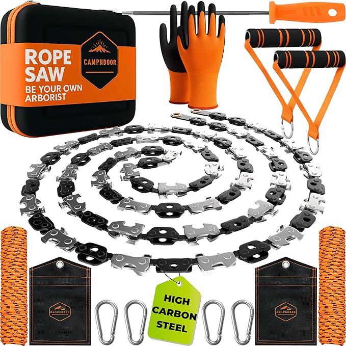 CAMPNDOOR High Limb Rope Saw 53 In - Zero Effort 360 Rope Chain Saw - Sharp Manual Tree Limb Cutter - Hand Chainsaw with Ergonomic Handles and Carrying Case - Fast and Easy Pocket Chainsaw