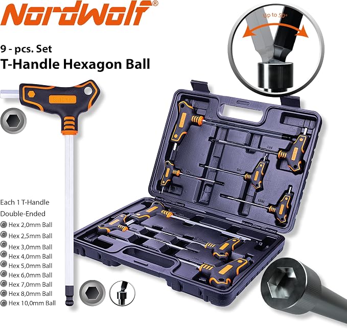 NordWolf 9-Piece T-Handle Metric Allen Wrench Set, S2 Steel Long Arm Ball End Hex Keys, Sizes 2mm to 10mm in Storage Box