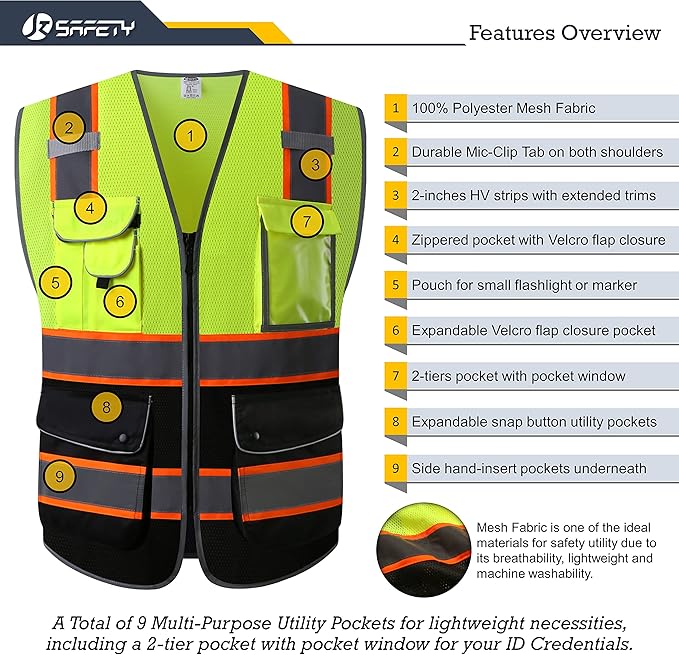 JKSafety 9 Pockets High Visibility Dual Color Zipper Front MESH Lite Safety Vest | Orange Color Triming Reflective Strip | ANSI/ISEA Standards (100-Yellow-Black, XXL)