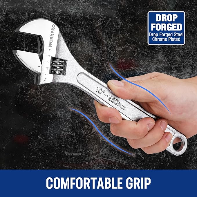 WORKPRO 3-Piece Adjustable Wrench Set, Forged Carbon Steel, Chrome-Plated, SAE & Metric Scale (6-inch, 8-inch, 10-inch)