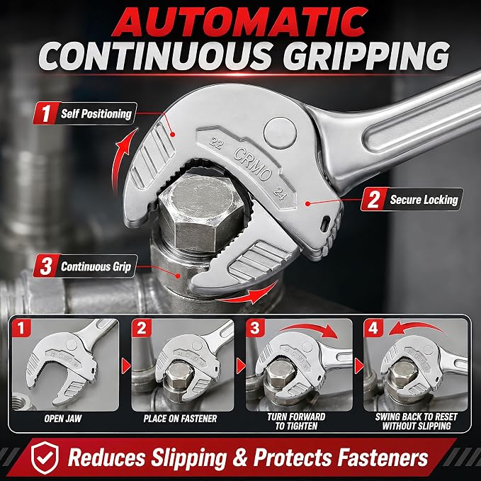 Self Adjusting Wrench, No Adjustment Needed Self Locking Spanner, Automatic Continuous Gripping Ratcheting Wrench for 5/8"-3/4" (16-19mm) Nuts, Bolts, Pipe Fittings, Home Repair & DIY Projects