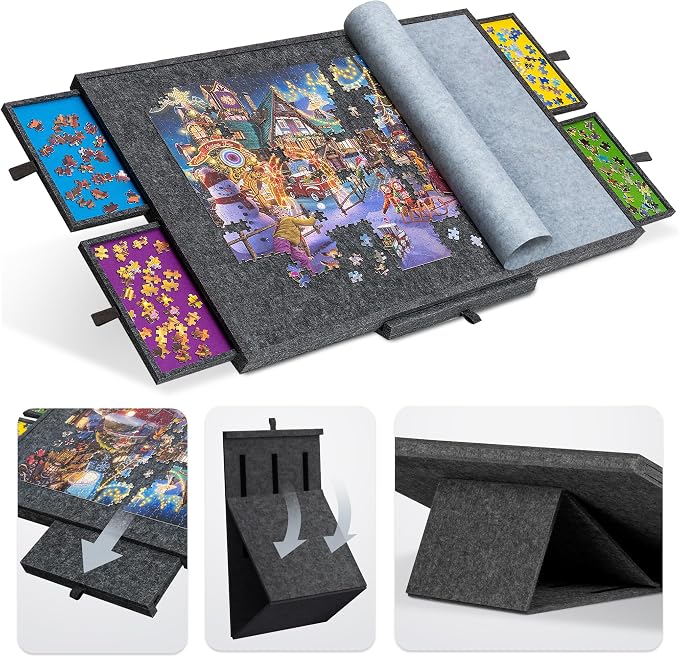 Tektalk Jigsaw Puzzle Table with Integrated Adjustable Stand/Bracket, 3-Tilting-Angle Super Lightweight Felt Puzzle Plateau Board with Cover & 4 Sorting Drawers (Gray, for Up to 1500 Pieces)