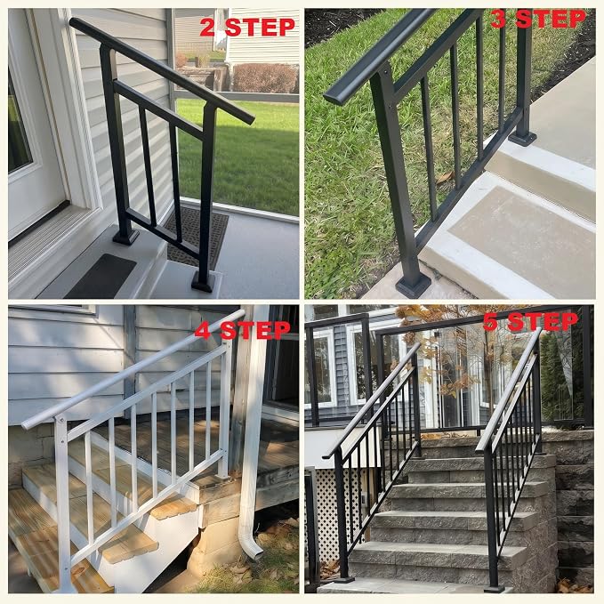 Hand Rails for Outdoor Steps，Stair Handrail & Indoor Stair Railing Kit，Railings for Outdoor Steps for Fence & Outdoor Steps (2, White-with Balusters, 4 Step)
