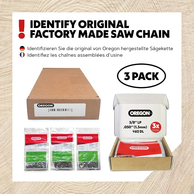 Oregon Chainsaw Chain for 18" Bar, 3/8" LP, .050" Gauge, 62 Drive Links | 3-Pack, Low-Kickback, Replacement Saw Chain, Fits Husqvarna, Echo, Poulan, Homelite, Craftsman & More