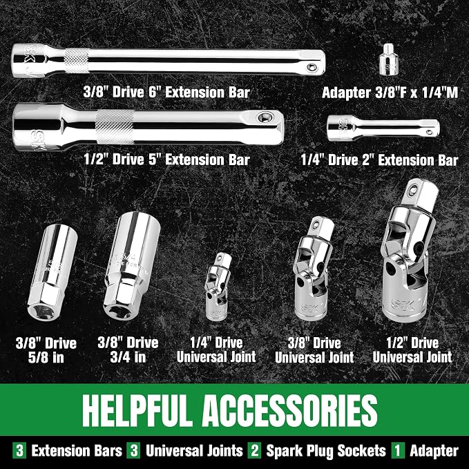 SK 163-Piece Mechanics Tool Set, 1/4", 3/8" & 1/2" Drive Socket, SAE&Metric | Professional Tool Set with 72-Tooth Pear Head Ratchet, Deep & Shallow Sockets, SuperKrome Finish, with Storage Suitcase