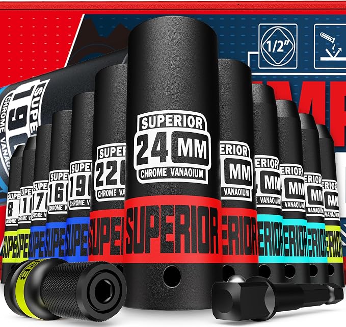 14 Piece 1/2" Drive Impact Socket Set, 8 mm - 24 mm Deep Socket, Metric Socket Set With Adapter & Quick-Release Holder, 6 Point, CR-V, Automotive Maintenance, Machinery Manufacturing