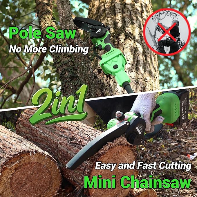 2 in 1 8IN Brushless Cordless Pole Saw & Mini Chainsaw with Extension Pole | Battery Powered Tree Trimmer with Auto Oiler, 2×4000mAh Batteries for Tree Trimming, Branch Cutting & Yard Maintenance