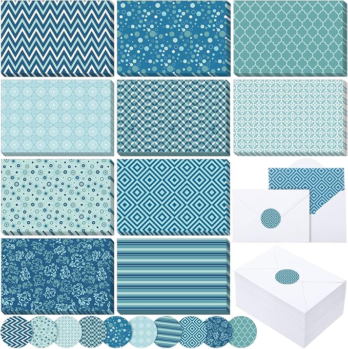 Maitys 200 Set Geometry Blank Cards and Envelopes Bulk 4x6 Inch Blank Blue Greeting Cards with Envelopes & Stickers 10 Elegant Designs Stationery Notecards for Anniversary Birthday Business Events