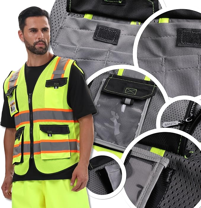 JKSafety Hi Vis Reflective Safety Vests for Men Women High Visibility Vest with Pockets Mesh Fabric Construction Safety Apparel Neon Vest for Work (220-Grey XL)