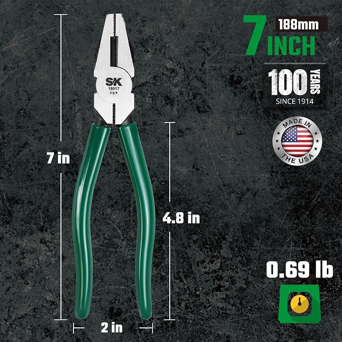 SK Tools USA Linesman Side Cutting Pliers, 7" Long | 18017