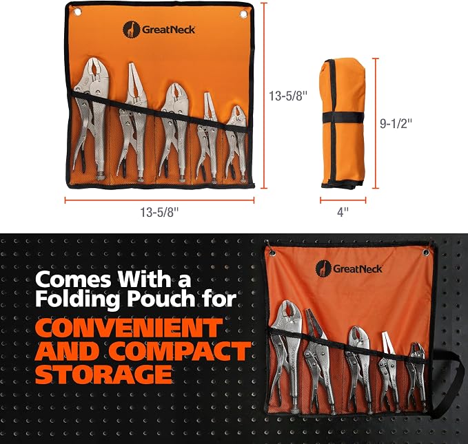 GreatNeck 74230 5-Piece Locking Plier Set – Curved & Long Nose Pliers with Plastisol Trigger Release, Diagonal Tooth Grip, Wire Cutter & Storage Pouch – Durable Alloy Steel Construction